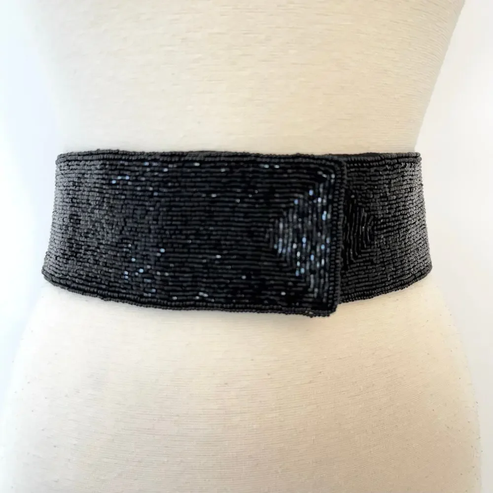 La Regale Handmade Fully Sequin Embellished Belt Satin Black Multi L NWT